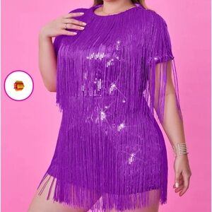 Xpluswear Design Plus Size Hot Pink Party Short Sleeve Fringe Sequin Mini Dress